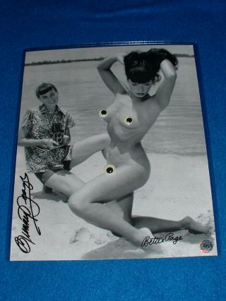 Bettie Page & Bunny Yeager Signed Rare Bettie Nude On Beach With
