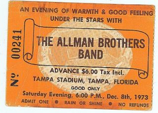 Rare Allman Brothers Band 12/8/73 Tampa Stadium Concert Ticket Stub Gregg Abb