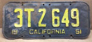 Rare •1951 • " Dmv Clear " (california 3t 2 649) License Plate - Vintage -
