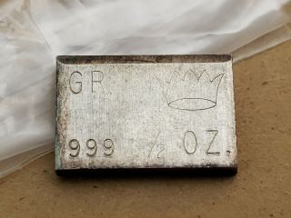 Rare Gr Crown 1/2oz Fine Vintage.  999 Silver Bar Scarce - Very Hard To Find