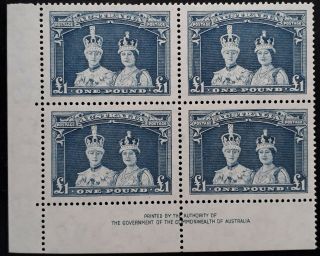 Rare 1949 - Australia Blk 4x£1.  00 Bluish Slate Coronation Robes Stamps Thin Paper