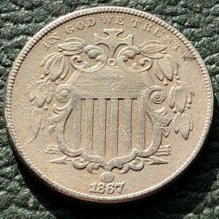 1867 Shield Nickel 5 Cents 5c No Rays Higher Grade Die Break Rare 13874