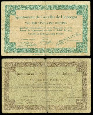 370 Spain Civil War Provisional 25 Centimos & 1 Peseta 1937 Castellet De Ll Rare