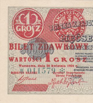 1 Grosz Provisional Unc Overprinted Banknote From Poland 1924 Pick - 42 Rare