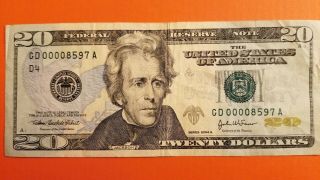 2004 A $20 Dollar Bill Rare Low Serial Number Gd 0000 8597 A