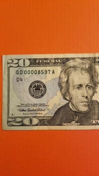2004 A $20 DOLLAR BILL RARE LOW SERIAL NUMBER GD 0000 8597 A 2