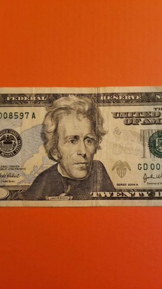 2004 A $20 DOLLAR BILL RARE LOW SERIAL NUMBER GD 0000 8597 A 3