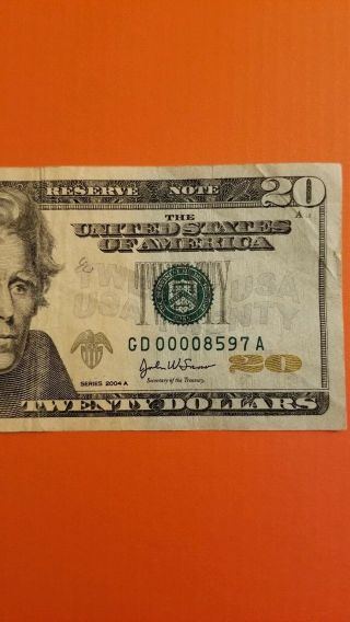2004 A $20 DOLLAR BILL RARE LOW SERIAL NUMBER GD 0000 8597 A 4