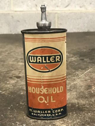 Rare Vintage Waller Household Oil Lead Top Handy Oiler 4oz Can Gas Oil Empty