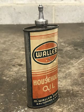 RARE Vintage WALLER Household Oil LEAD TOP Handy Oiler 4oz Can Gas Oil EMPTY 2