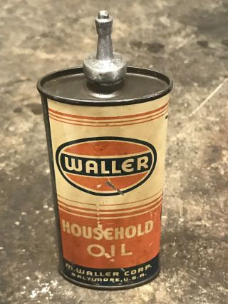 RARE Vintage WALLER Household Oil LEAD TOP Handy Oiler 4oz Can Gas Oil EMPTY 3