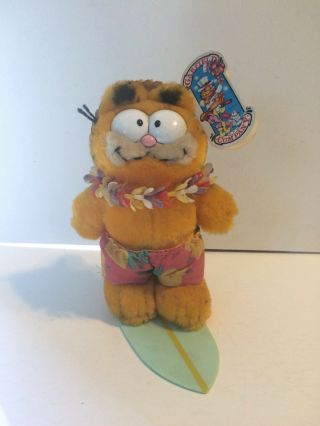 Vintage Garfield Plush Wave Rider 03 - 7270 With Tag Rare Hawaii Hat And Lei 80 