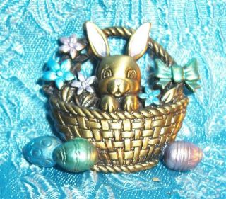 Vtg Signed Jj Easter Bunny In Basket Flower,  Eggs Color Enamel Pin Brooch Rare