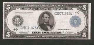 Rare Burke/houston Cleveland 1914 $5 Federal Reserve Note