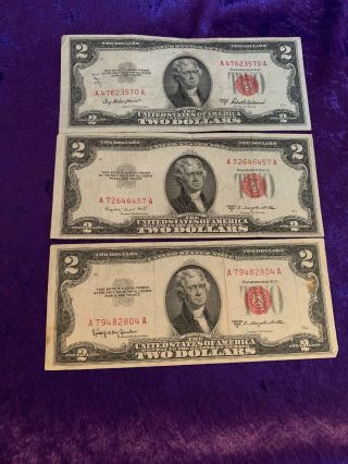 1953 $2 Red Seal Note Series A,  B,  & C 2 Dollar Bill Old Money - Rare