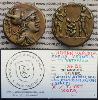 Rare Ti Veturius Ar Denarius.  137 Bc,  Of The Family Veturia,  Crawford 234