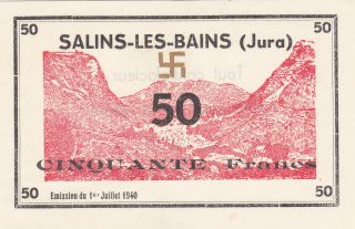 50 Francs Unc Note From German Occupied France/jura 1940 Rare
