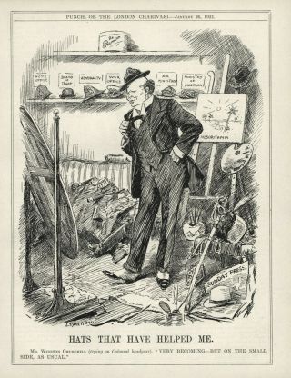 Rare 1921 Political Cartoon: Winston Churchill - " Hats That Have Helped Me "