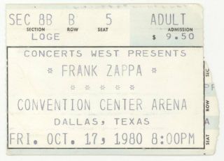 Rare Frank Zappa 10/17/80 Dallas Tx Convention Center Arena Concert Ticket Stub