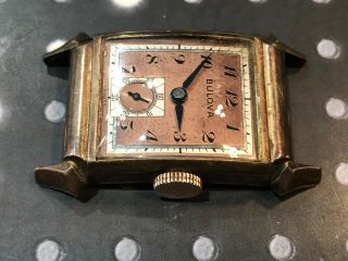 Vintage Bulova Men ' s Wristwatch art deco rare rose gold filled runs 8AH 17 jewel 4