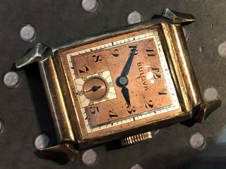 Vintage Bulova Men ' s Wristwatch art deco rare rose gold filled runs 8AH 17 jewel 8