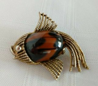 Vintage Rare 2 " Signed Har Gold Tone Orange Black Tiger Eye Fish Brooch Pin