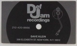 Def Jam Records Very Very Rare Early Business Card For Dave “funken” Klein