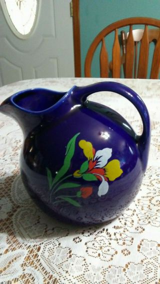 Rare Vintage Hall China Co.  Cobalt Blue Blossom Ball Pitcher With Ice Lip