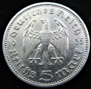 X - Rare Big 90 Silver 1935a Hindenburg 5 Mark German Nazi Eagle Germany Ww2 Coin