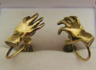 " Very Rare " Novelty Late C19th Silver Gilt " Gothic " Style Hand Earrings