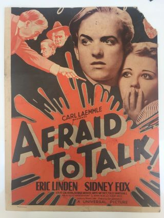 1932 Afraid To Talk Partial Window Card Movie Poster Rare Carl Laemmle