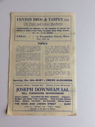 Bury V Manchester City Football Club Programme 1944 Rare 2