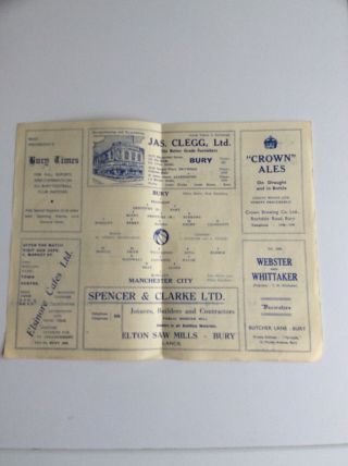 Bury V Manchester City Football Club Programme 1944 Rare 3
