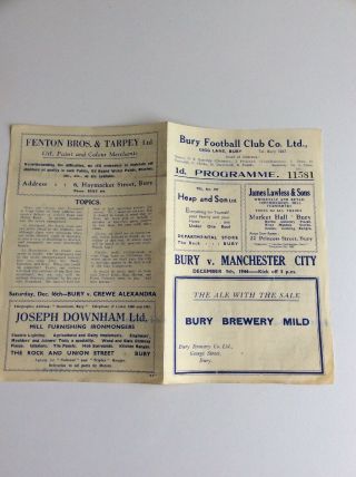 Bury V Manchester City Football Club Programme 1944 Rare 4