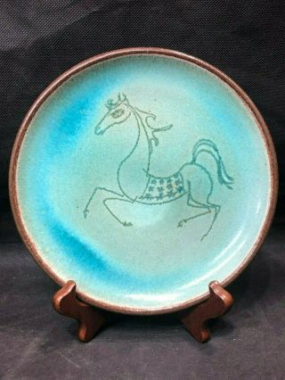 Rare Mid Century John & Esther Sills Blue Sgraffito Horse Plate 7 "