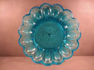 Rare Blue Vintage Indiana Glass Deviled Egg Plate Hobnail Thousand Eyes