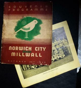 Rare 1938 Norwich V Millwall Souvenir Programme With Insert See Details