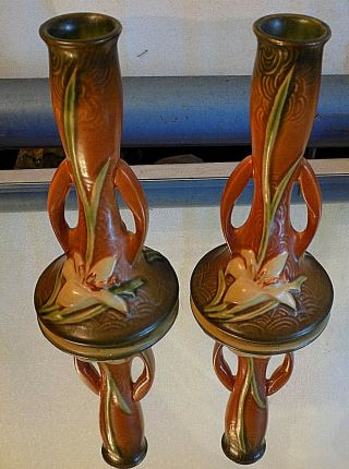Rare Vintage 2 Roseville Pottery Tulip Double Handled Bud Vases 201 - 7 "