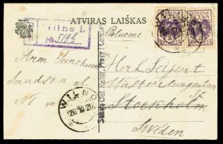 Central Lithuania / Wilno 1920 Registered Mail To Sweden.  Censored.  Rare