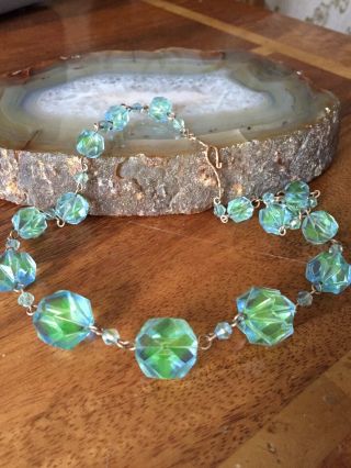 Rare 1920s 1930s Art Deco Chunky Green Rainbow Crystal Glass Beads Necklace