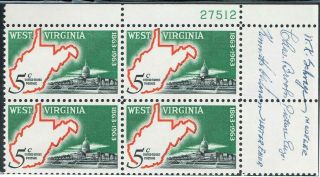 Rare Autographed Us West Virginia Issue (no.  1231) Plate Block Of 4 - Mnh,  Og