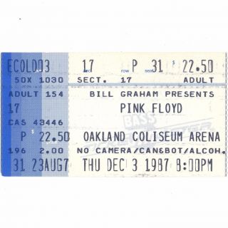 Pink Floyd Concert Ticket Stub Oakland Ca 12/3/87 Momentary Lapse Of Reason Rare