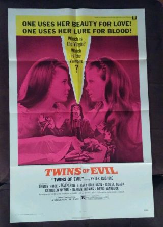 Twins Of Evil One Sheet Poster Rare 1971 Hammer Peter Cushing Vampires
