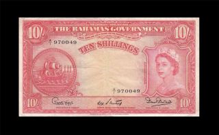 1953 British Colony Bahamas Qeii 10 Shillings 10/ - Rare " A/1 " ( (vf, ))