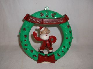 Waving Santa Rare Rosbro Merry Christmas Bow Red Green Wreath Plastic 1950 