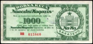 Yugoslavia Bosnia 1000 Dinara Rare Local Sarajevo Money Coupon 1958