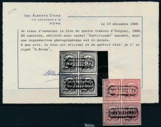 [g14520] Uruguay 1866 Rare Stamp Very Fine In Bloc Of 4.  Diena Certificate