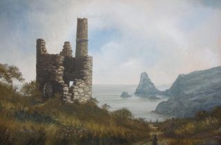 Rare Robert Ixer (1941 -) Oil Painting " Cornish Mine&coastline ",  Signed