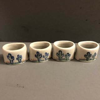 M A Hadley Pottery Napkin Rings 4 Cactus Stoneware Rare Discontinued Handpainted