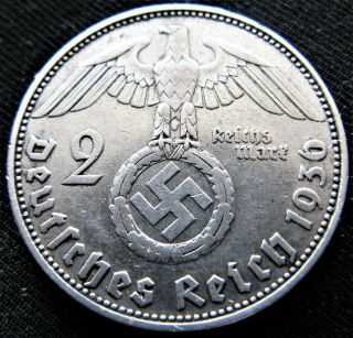 X - Rare 1936d 2 Mark Swastika German Silver Nazi Germany Eagle Ww2 3rd Reich Coin